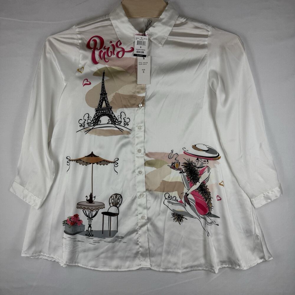 Kaktus Women S NWT White Paris Eiffel Tower Graphic Button Down Blouse